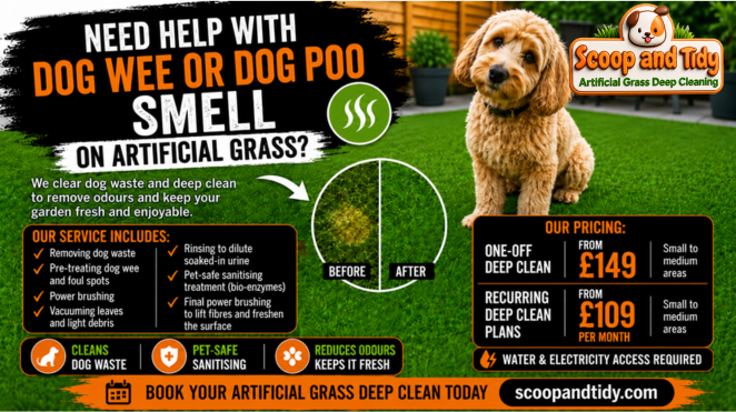 Thumbnail for Scoop and Tidy showing a dog sitting on artificial grass with bold text reading “Need help with dog wee or dog poo smell on artificial grass?” The image highlights artificial grass deep cleaning, before-and-after grass, service steps including waste removal, pre-treatment, brushing, rinsing and pet-safe sanitising, pricing from £149 for one-off cleans and £99 per month for recurring plans, plus a note that water and electricity access are required. Thumbnail for Scoop and Tidy showing a dog sitting on artificial grass with bold text reading “Need help with dog wee or dog poo smell on artificial grass?” The image highlights artificial grass deep cleaning, before-and-after grass, service steps including waste removal, pre-treatment, brushing, rinsing and pet-safe sanitising, pricing from £149 for one-off cleans and £99 per month for recurring plans, plus a note that water and electricity access are required.