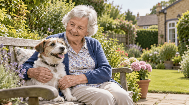 Elderly woman enjoying time with her small dog in the garden, highlighting the benefits of dog companionship for older people. Elderly woman enjoying time with her small dog in the garden, highlighting the benefits of dog companionship for older people.