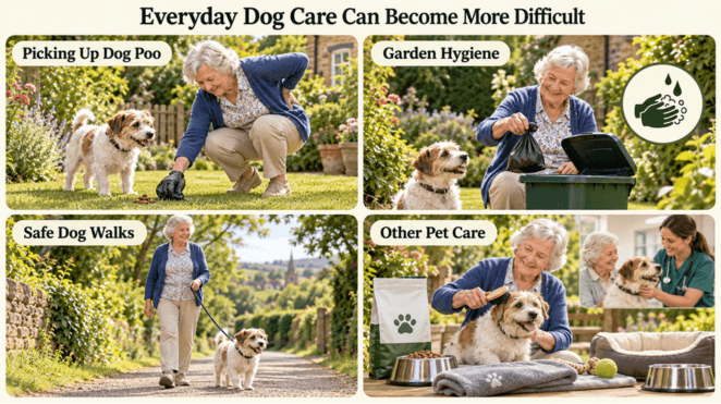 Everyday dog care challenges for elderly dog owners, including picking up dog poo, garden hygiene, safe dog walking and pet grooming. Everyday dog care challenges for elderly dog owners, including picking up dog poo, garden hygiene, safe dog walking and pet grooming.
