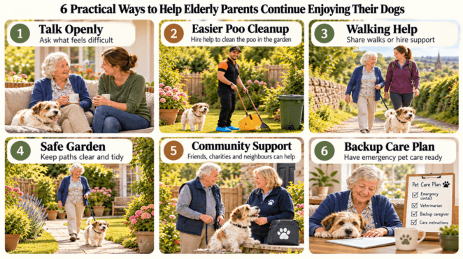 6 practical ways to help elderly parents care for their dogs, including dog poo removal, dog walking assistance, garden maintenance and emergency pet care planning. 6 practical ways to help elderly parents care for their dogs, including dog poo removal, dog walking assistance, garden maintenance and emergency pet care planning.
