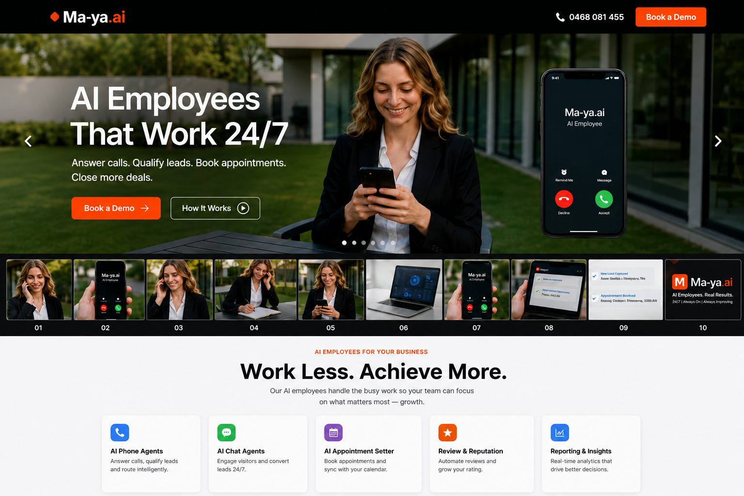 Ma-ya.ai AI employees overview with phone number and Book a Demo call to action