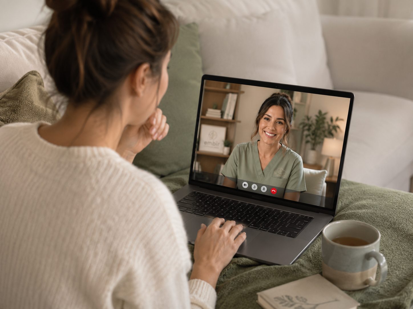 A patient having a warm telehealth video visit from home with an Embir clinician