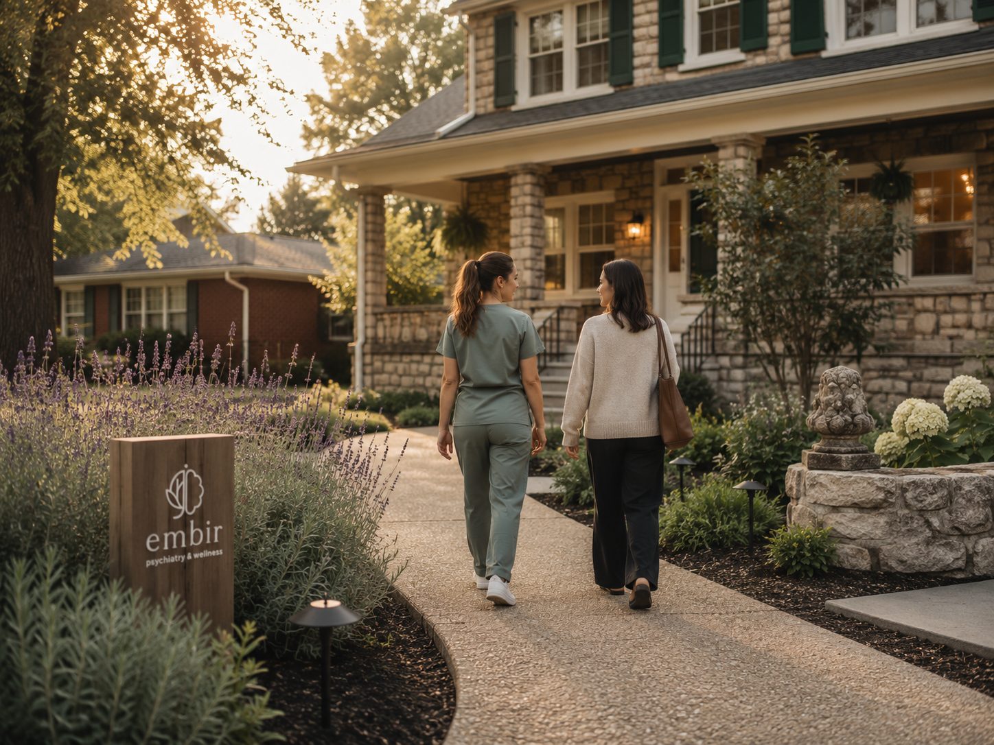 A clinician and patient walking together up the path to the Embir clinic