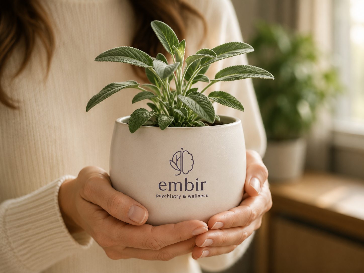 Hands cradling a sage plant in an Embir pot
