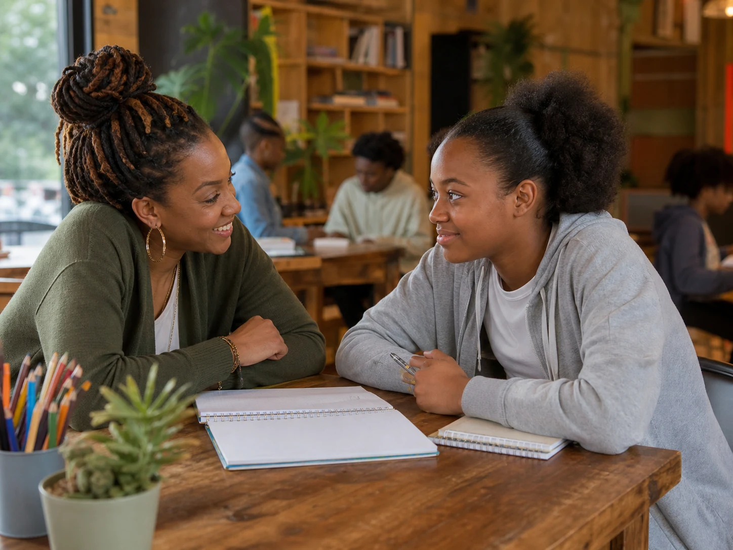 A compassionate mentor encouraging a teenage girl