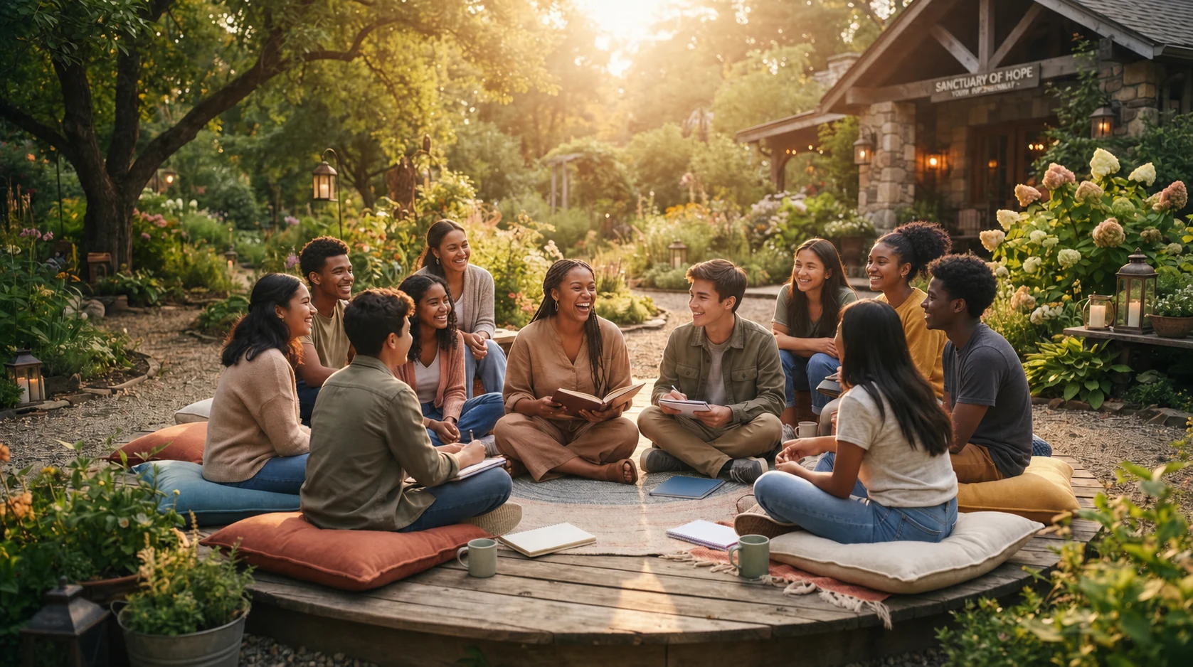 A diverse group of teens gathered in a supportive garden community