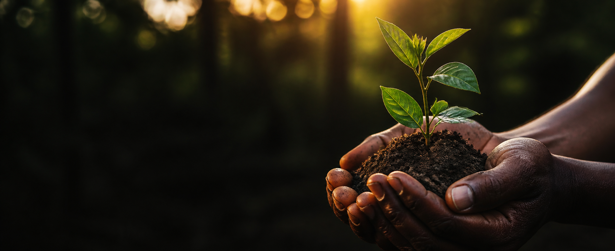Hands holding rich soil and a young tree in warm natural light