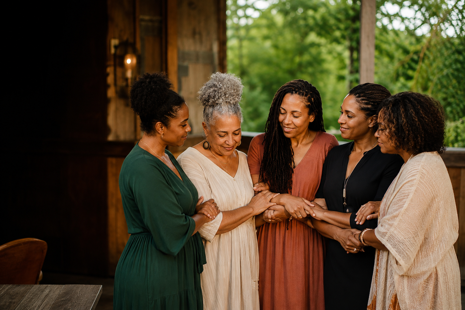 Women joining hands in a circle of support and sisterhood