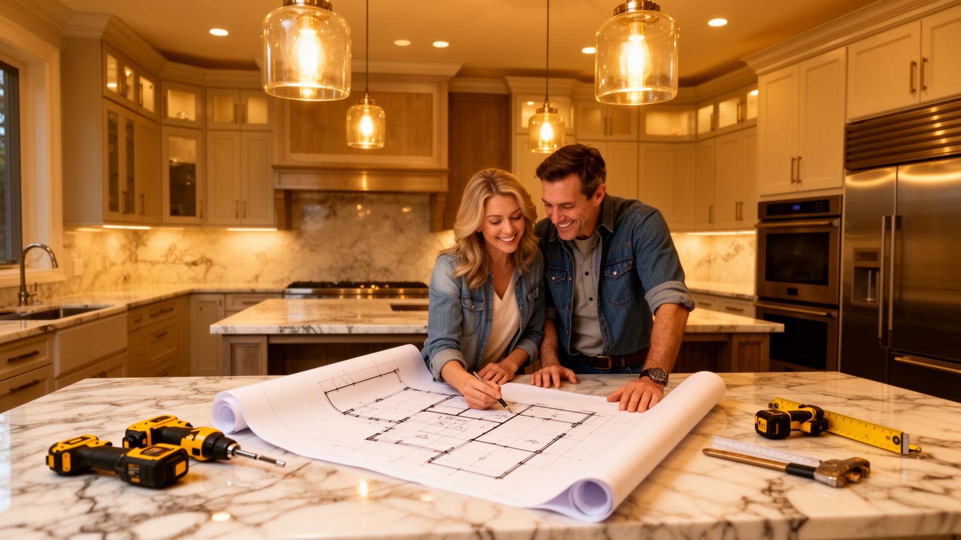 Contractor reviewing blueprints in luxury kitchen