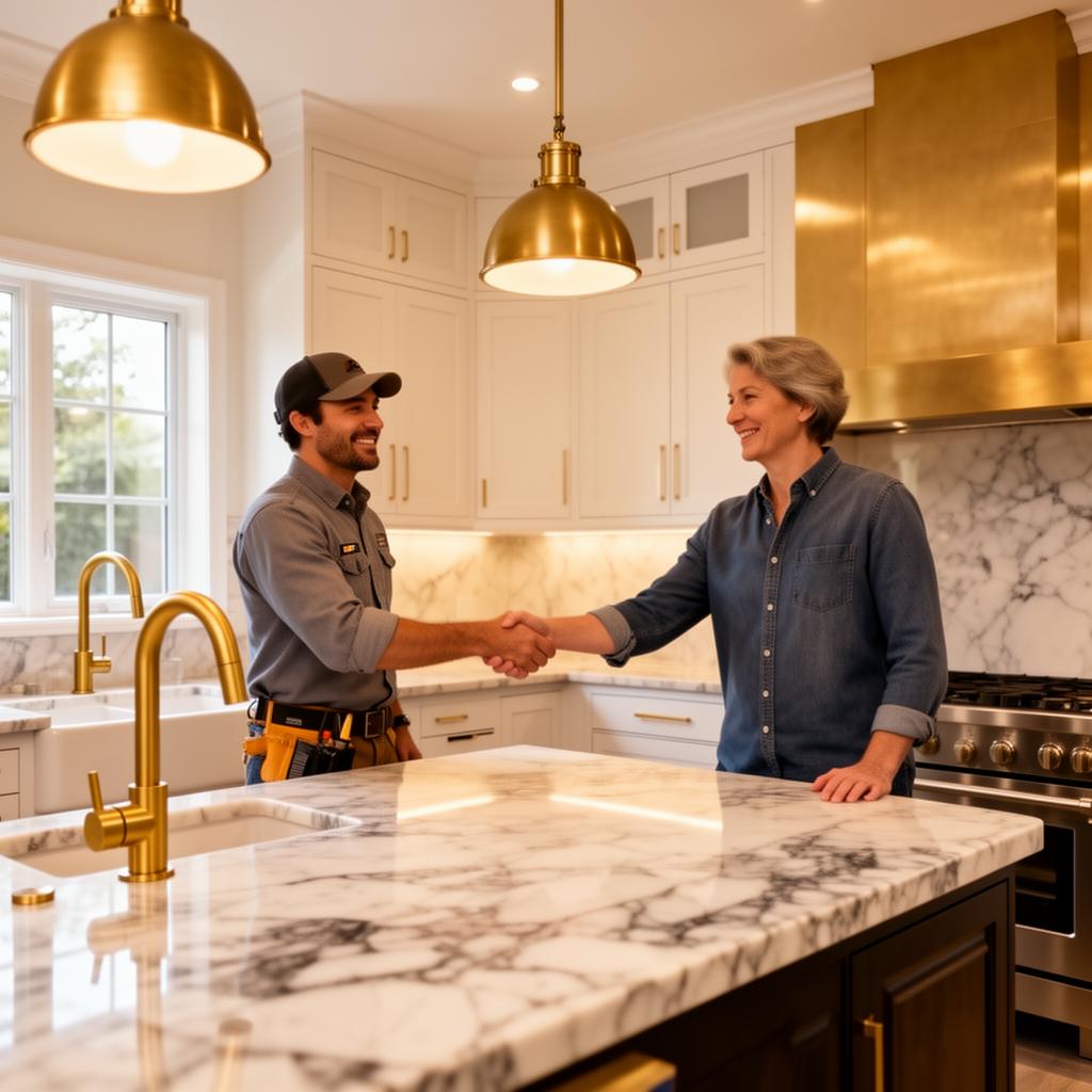 Contractor reviewing blueprints in luxury kitchen