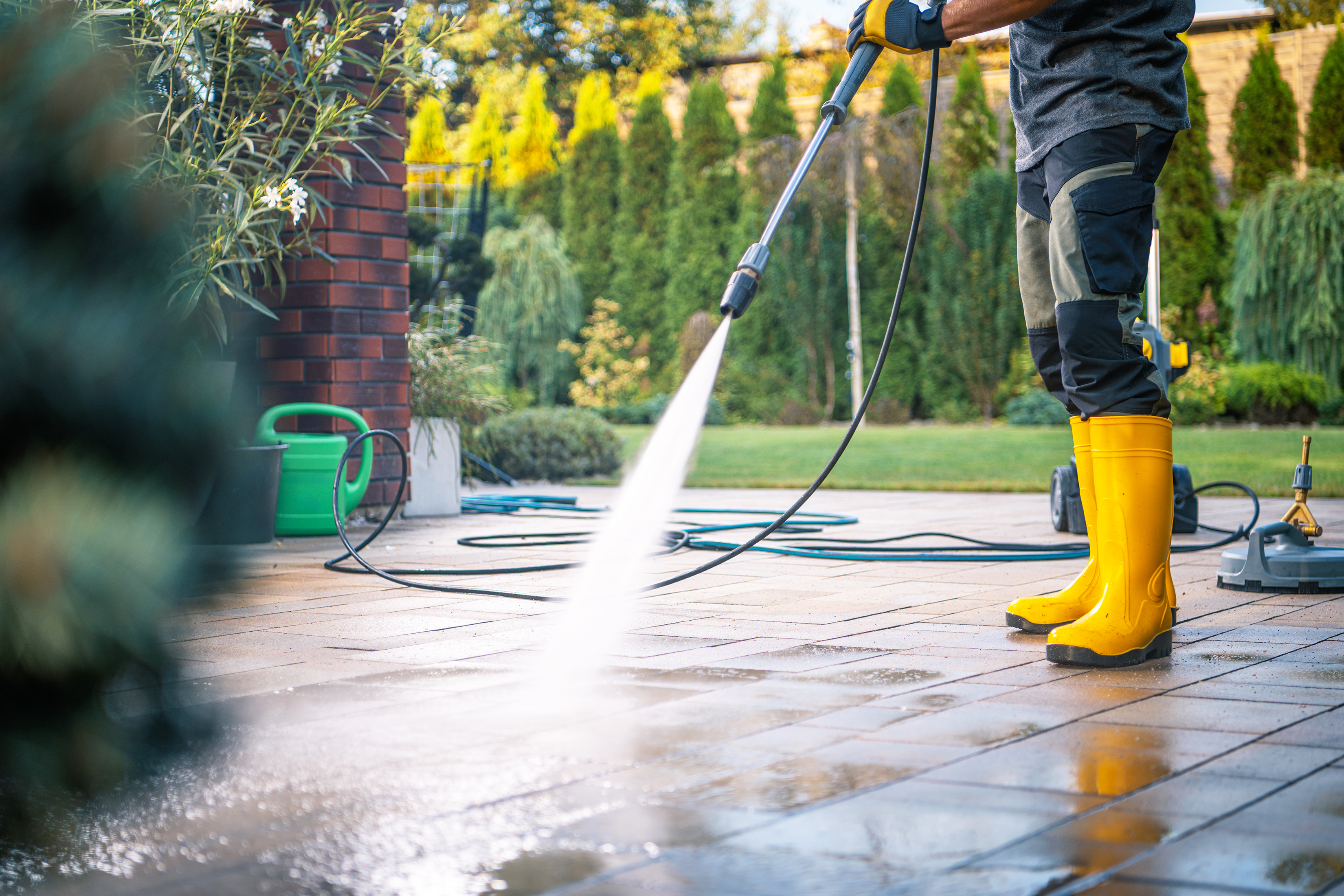 Pressure washing a concrete driveway in bright Texas sunlight