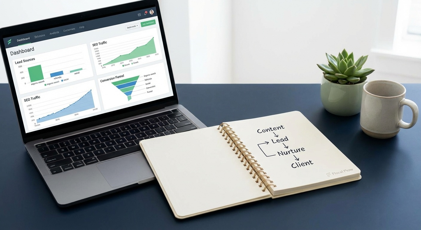 Accounting firm partner reviewing an inbound marketing system dashboard for client acquisition