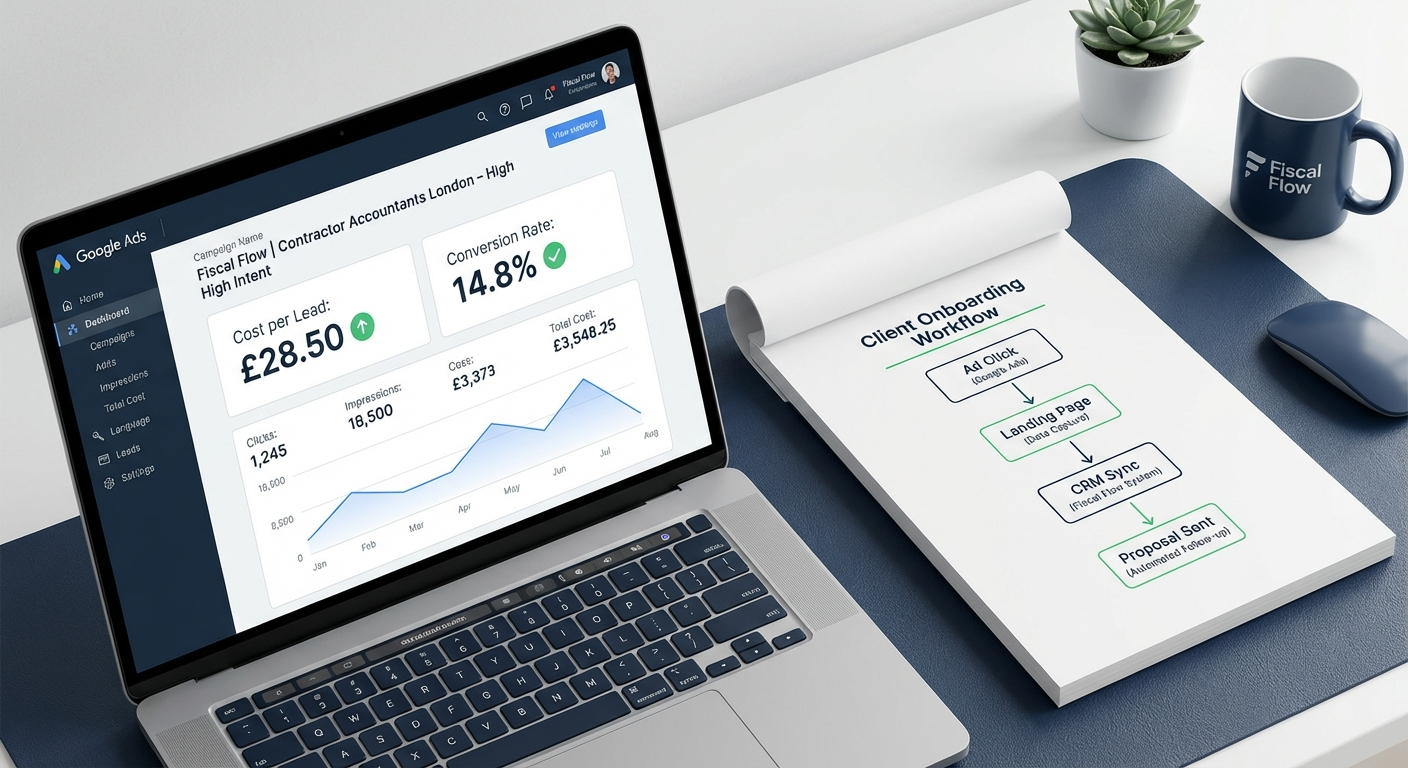 Google Ads for Accountants campaign management dashboard shown on a desktop screen used by an accounting firm