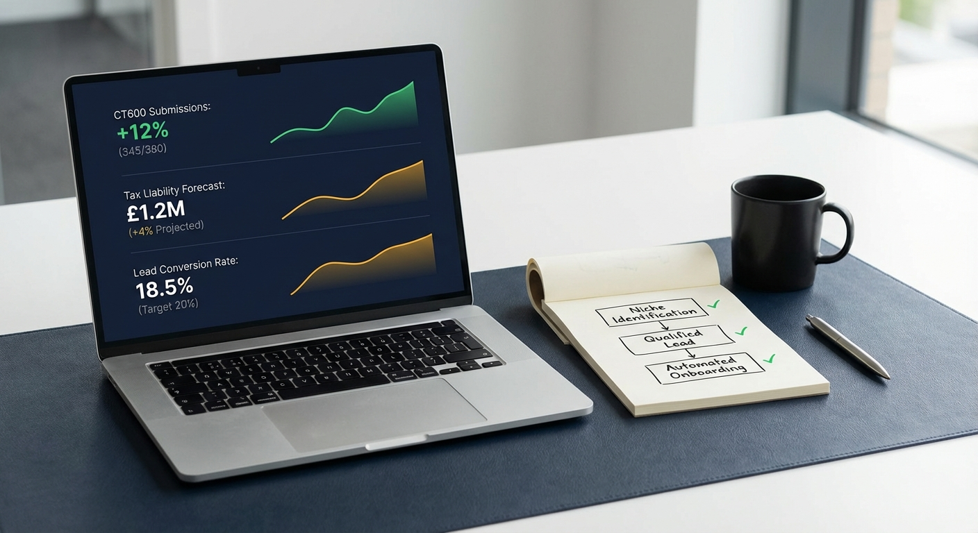 Accounting professional reviewing corporation tax lead data on a desktop screen