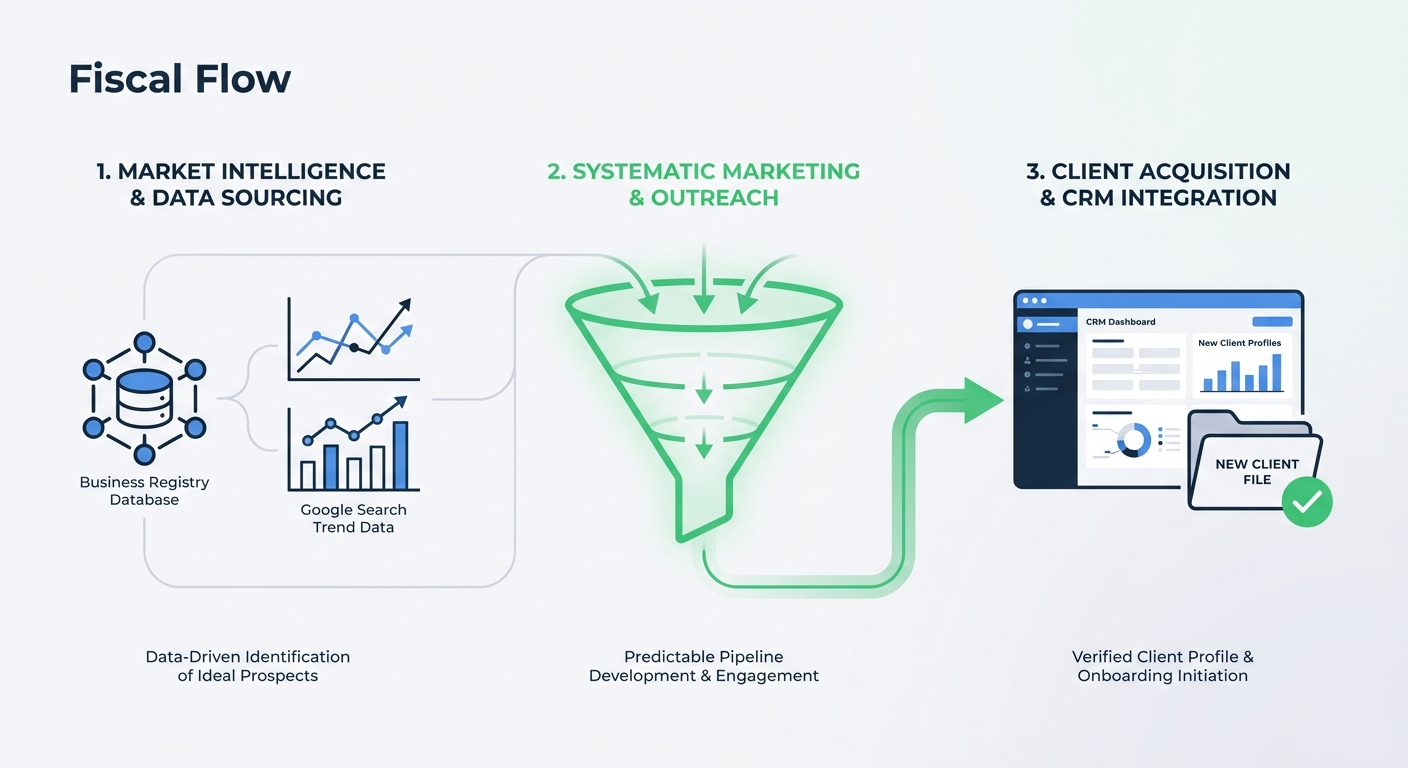 Tax lead generation system for accounting firms showing acquisition pipeline dashboard