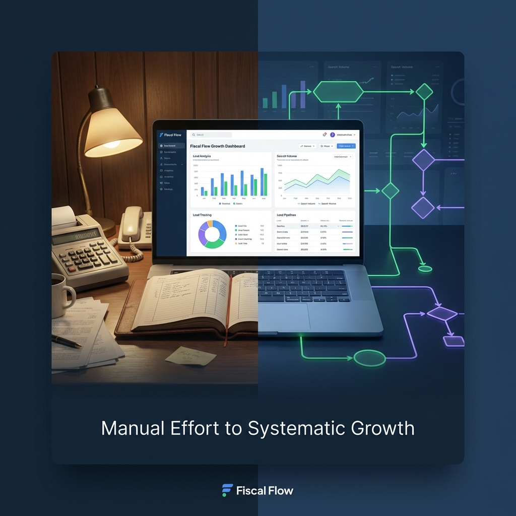 Accounting firm owner reviewing a digital marketing implementation framework for accountants on a desktop screen