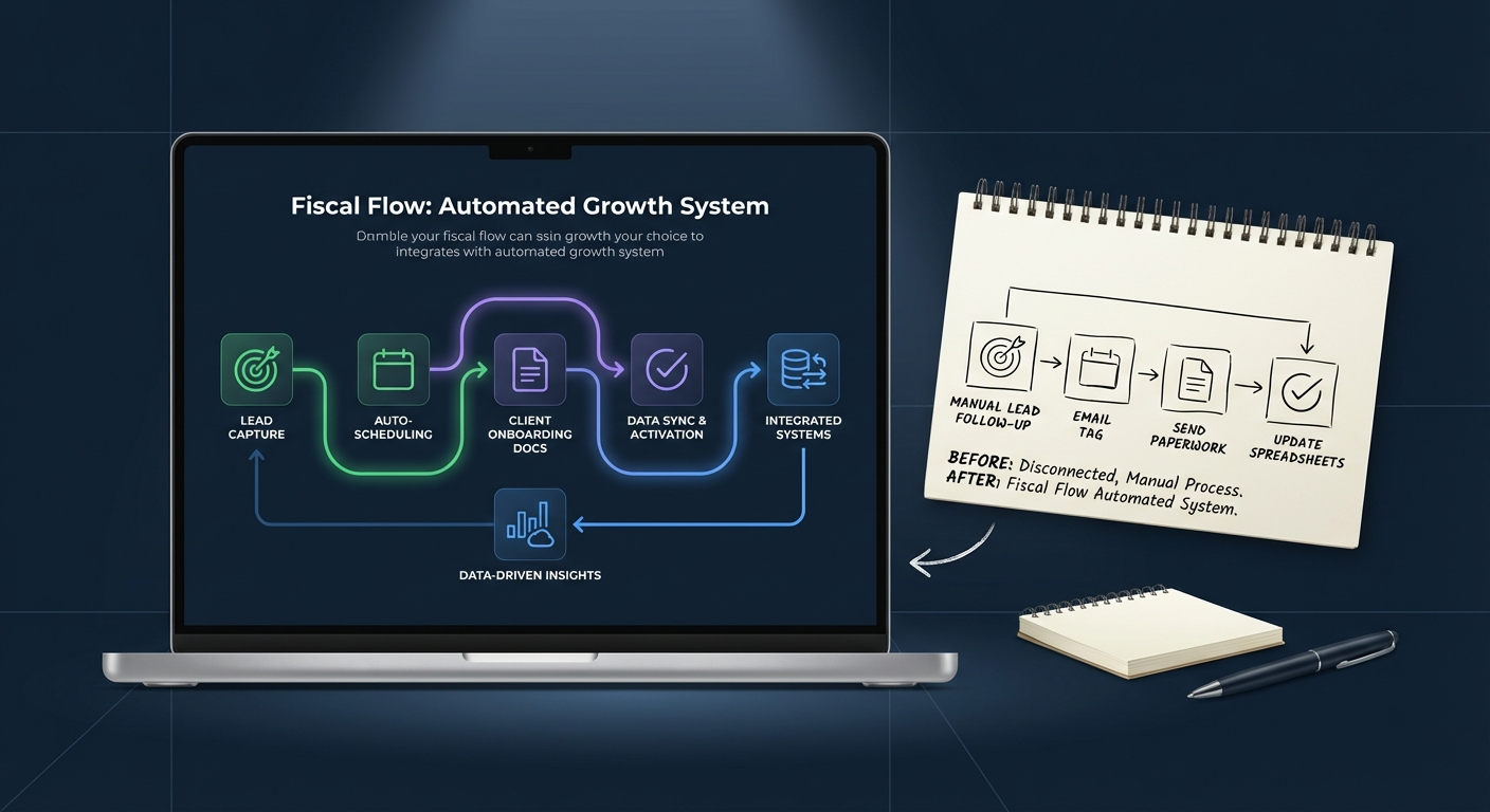 Accounting firm owner reviewing a marketing automation dashboard setup for client acquisition