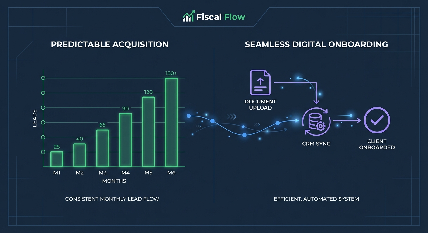 Accounting firm owner reviewing an online marketing system dashboard showing client acquisition data