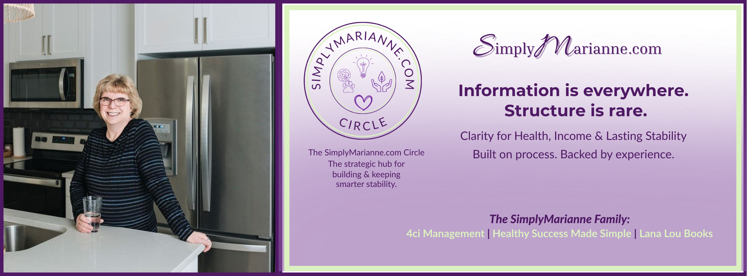 The SimplyMarianne.com family of brands includes 4ci Mgmt, Healthy Success Made Simple, and Lana Lou Books. Join the free simplymarianne.com circle! 