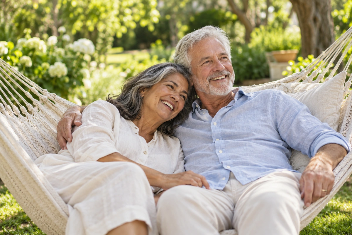 A couple relaxing together in a garden hammock