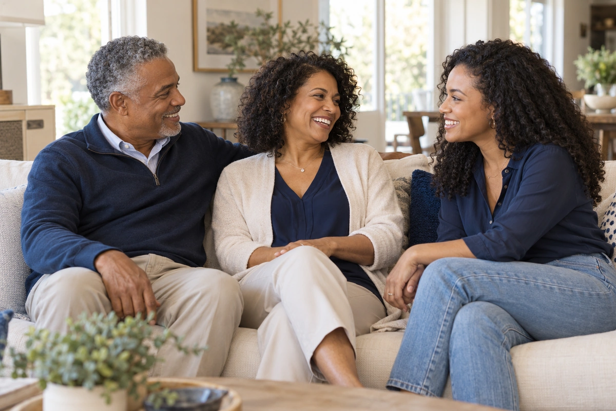 Parents and their adult daughter enjoying a relaxed moment together at home