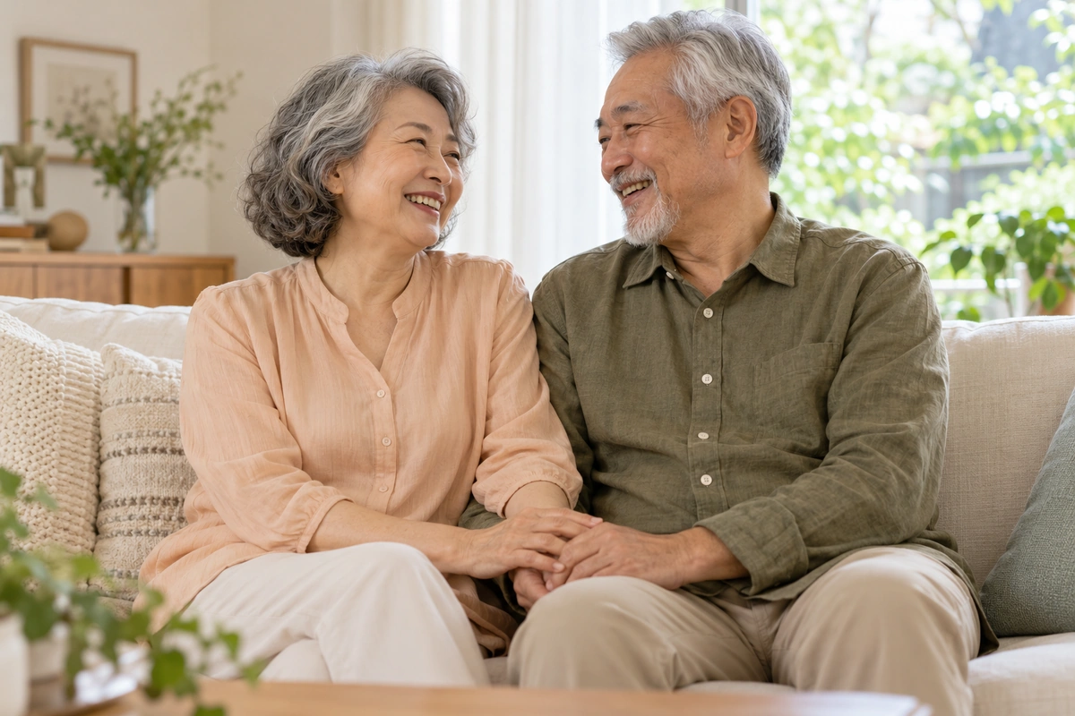 An older couple holding hands and laughing together at home