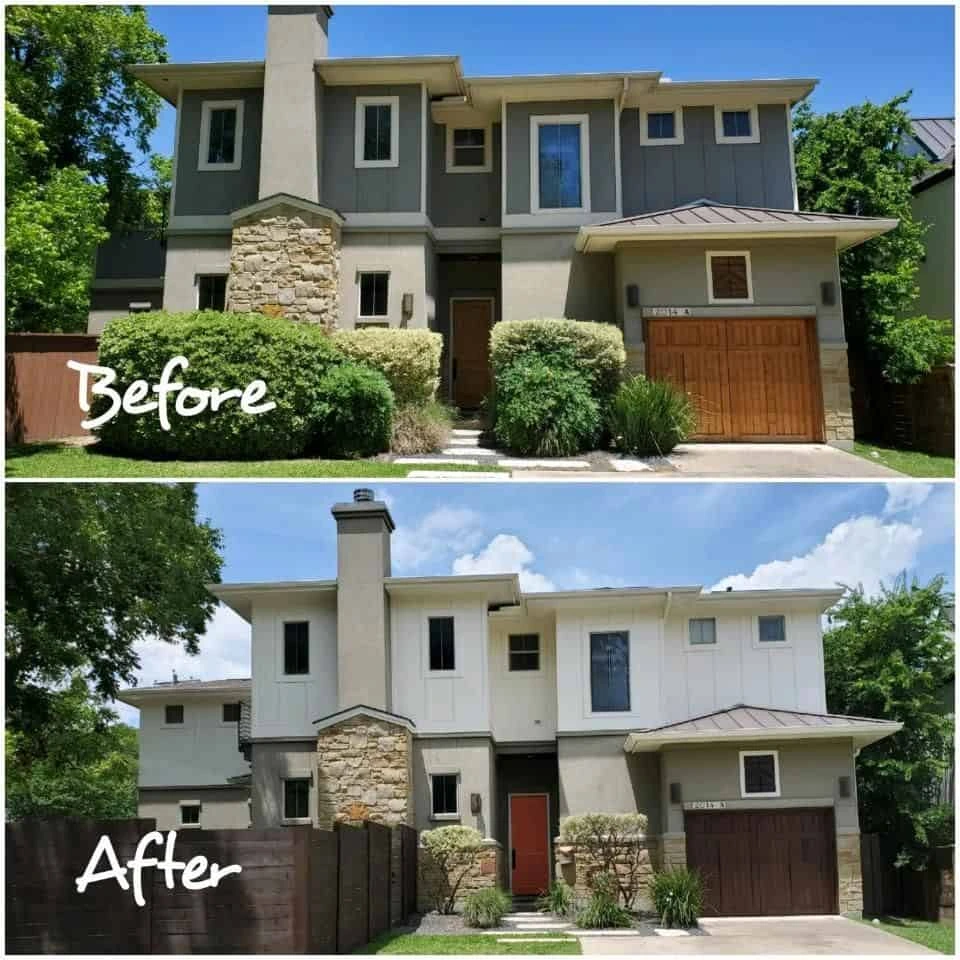 Exterior repaint before and after — two-storey home repainted in white with stone accents