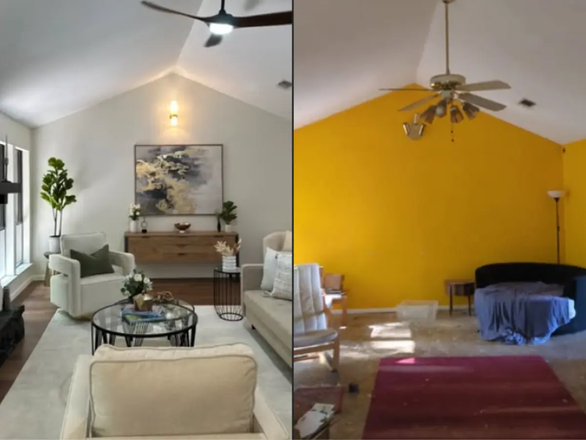 Interior repaint before and after — living room repainted in a light neutral