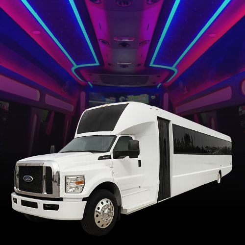 Luxury party bus rental in Los Angeles with LED lighting and wrap around seating