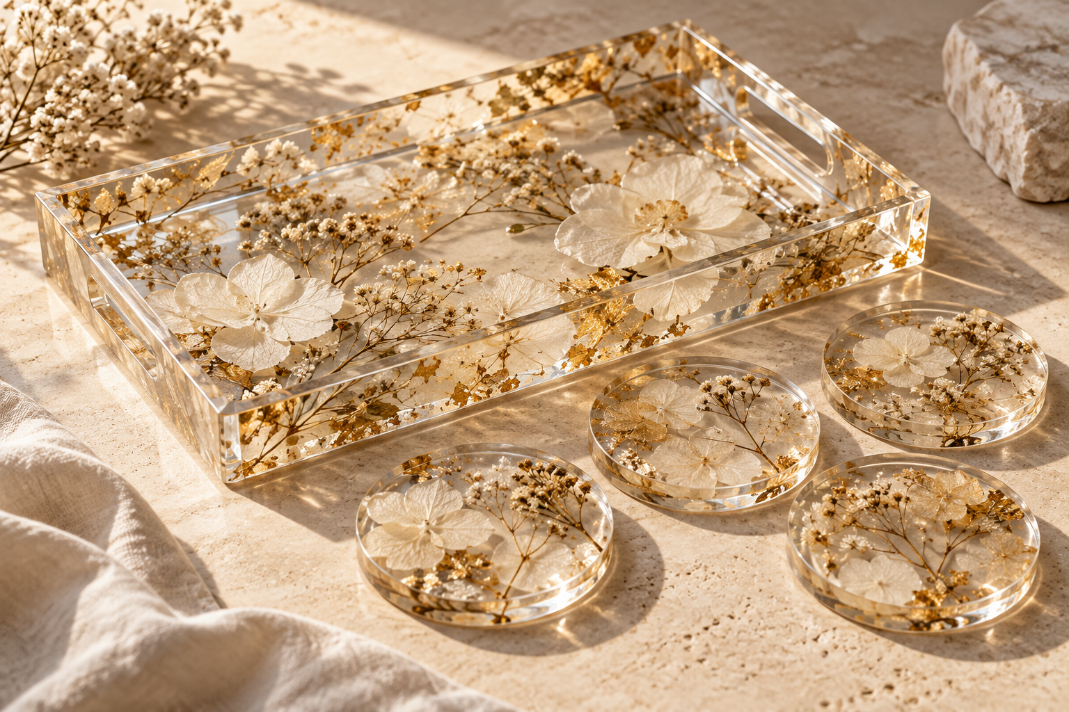 Illustrative botanical resin tray and coasters