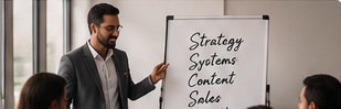 Illustrative business adviser reviewing a strategy with entrepreneurs