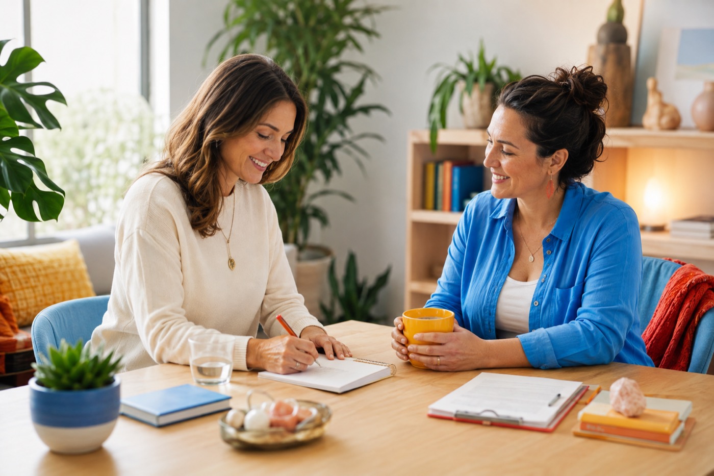 A wellness coach and client reviewing personal goals together