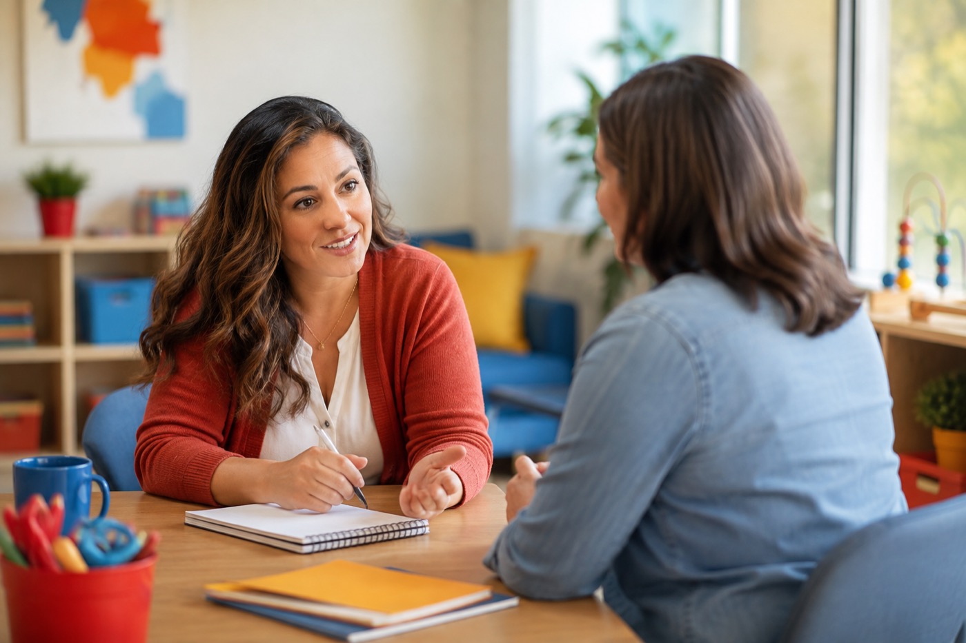 A coach having a supportive parent education conversation with a caregiver