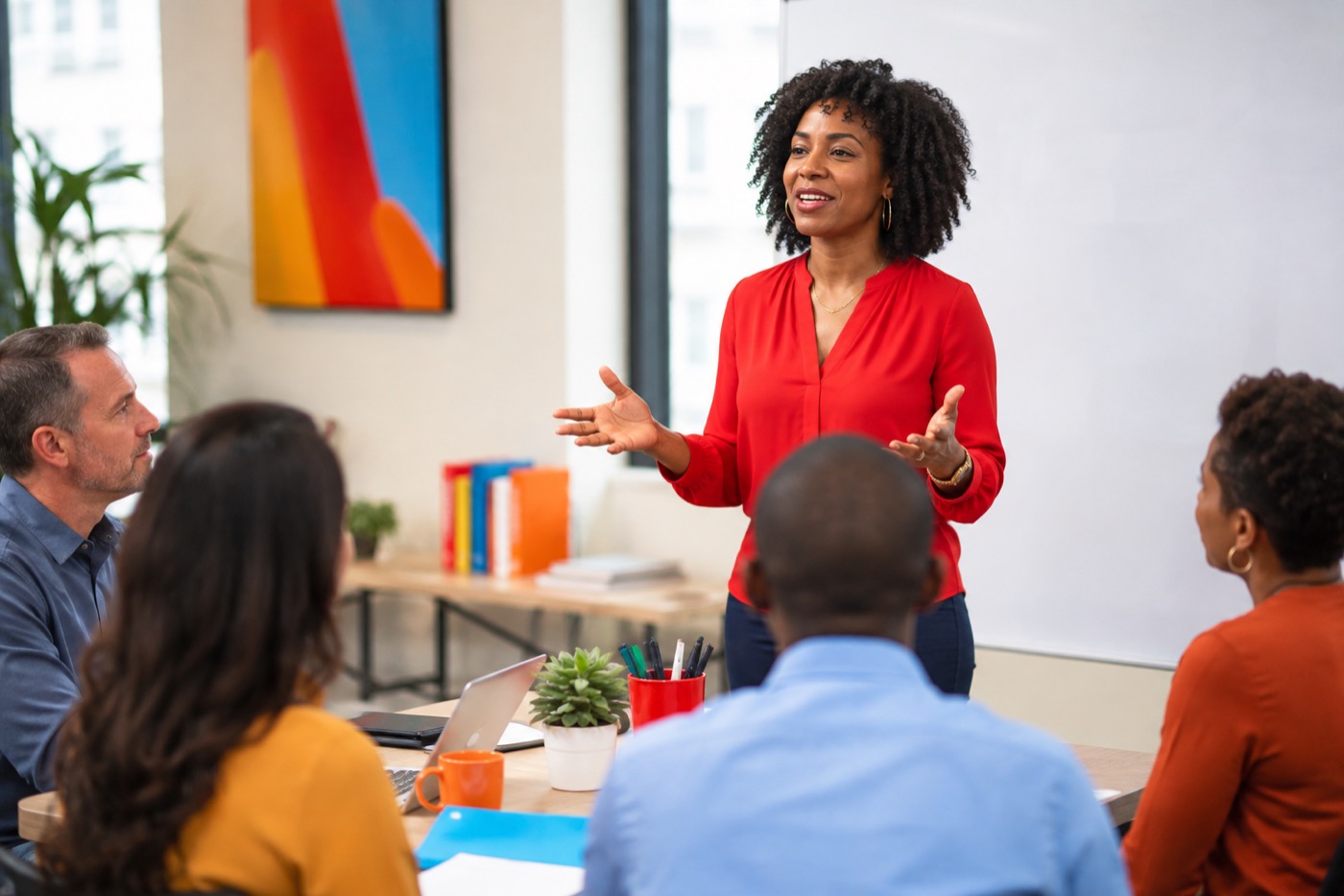 A consultant leading a staff training workshop for a small group