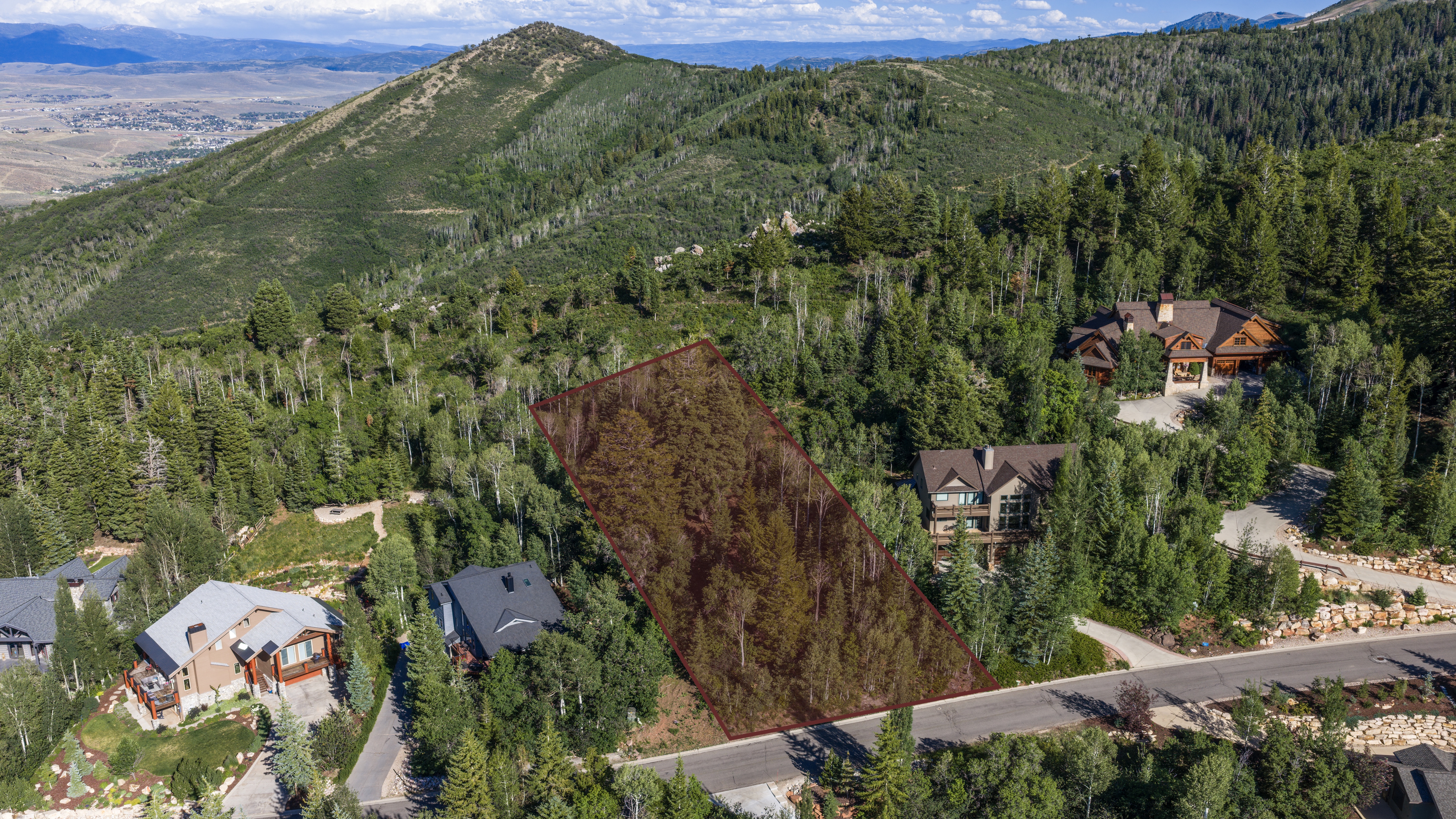 Aerial view of a forested building lot marked with a boundary overlay