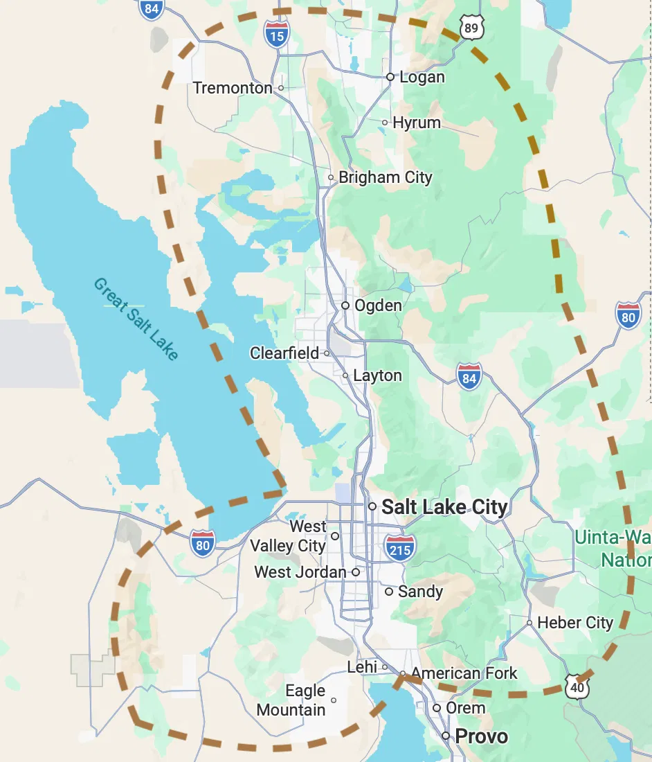 Map of WhitePine Media's Northern Utah service area, showing Logan, Ogden, Salt Lake City, and the surrounding six-county coverage boundary from Cache County to Utah County