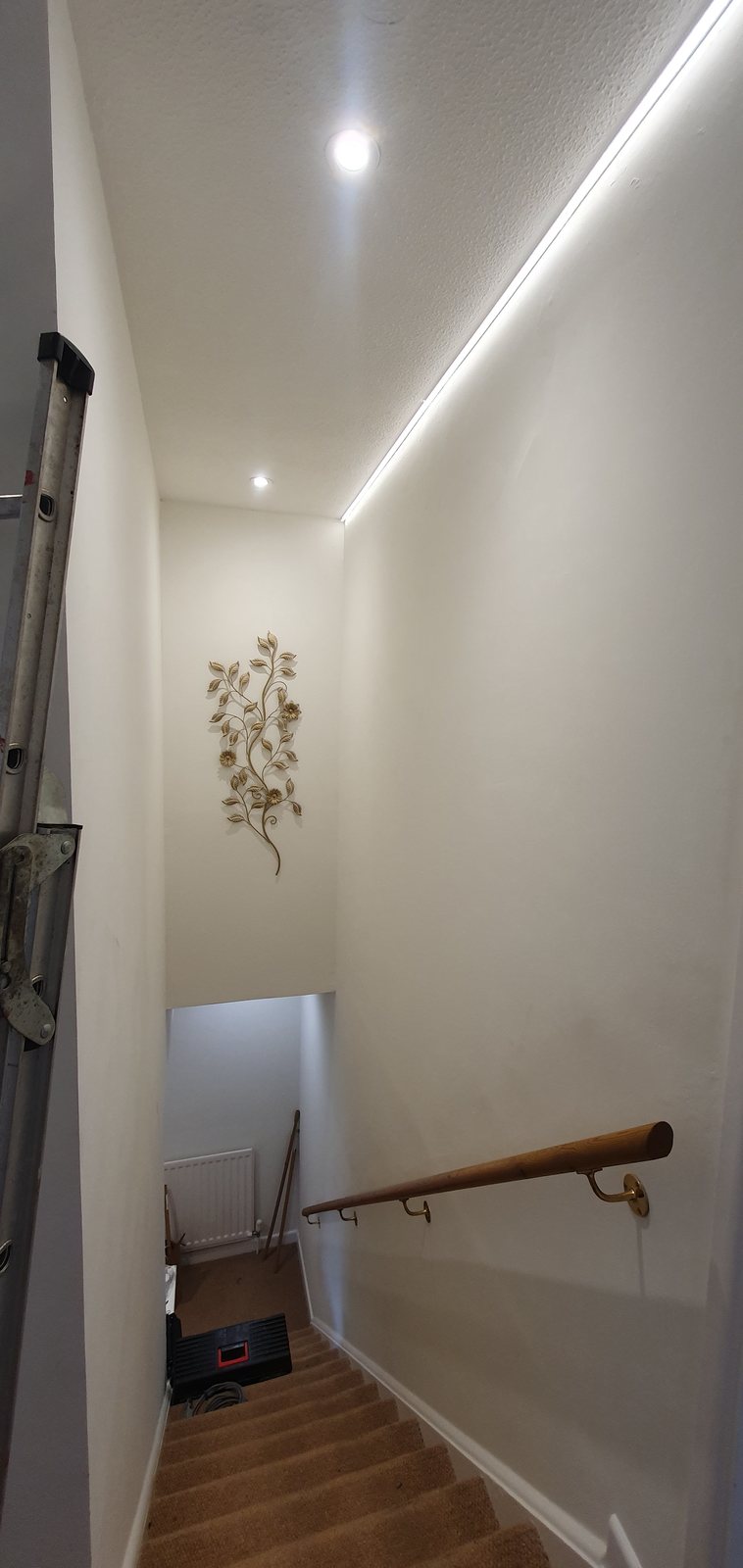 LED strip lighting and recessed downlights over the stairs