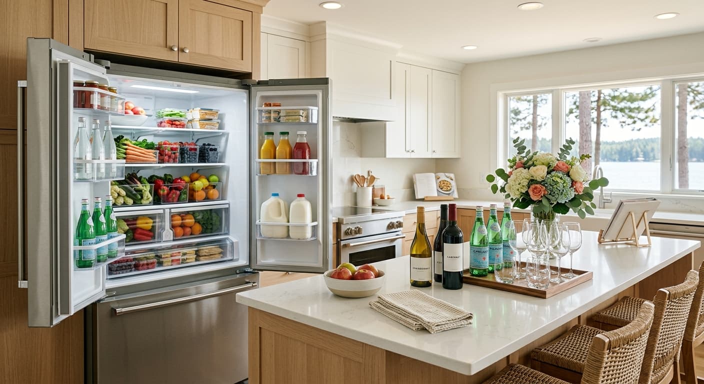 Kitchen with a stocked refrigerator and bar prepared before the homeowner arrives