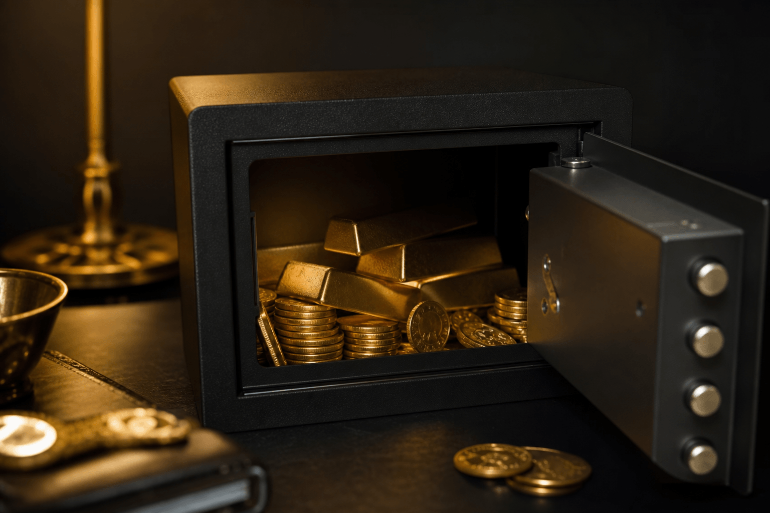 Oro físico tradicional: lingotes y monedas en caja fuerte