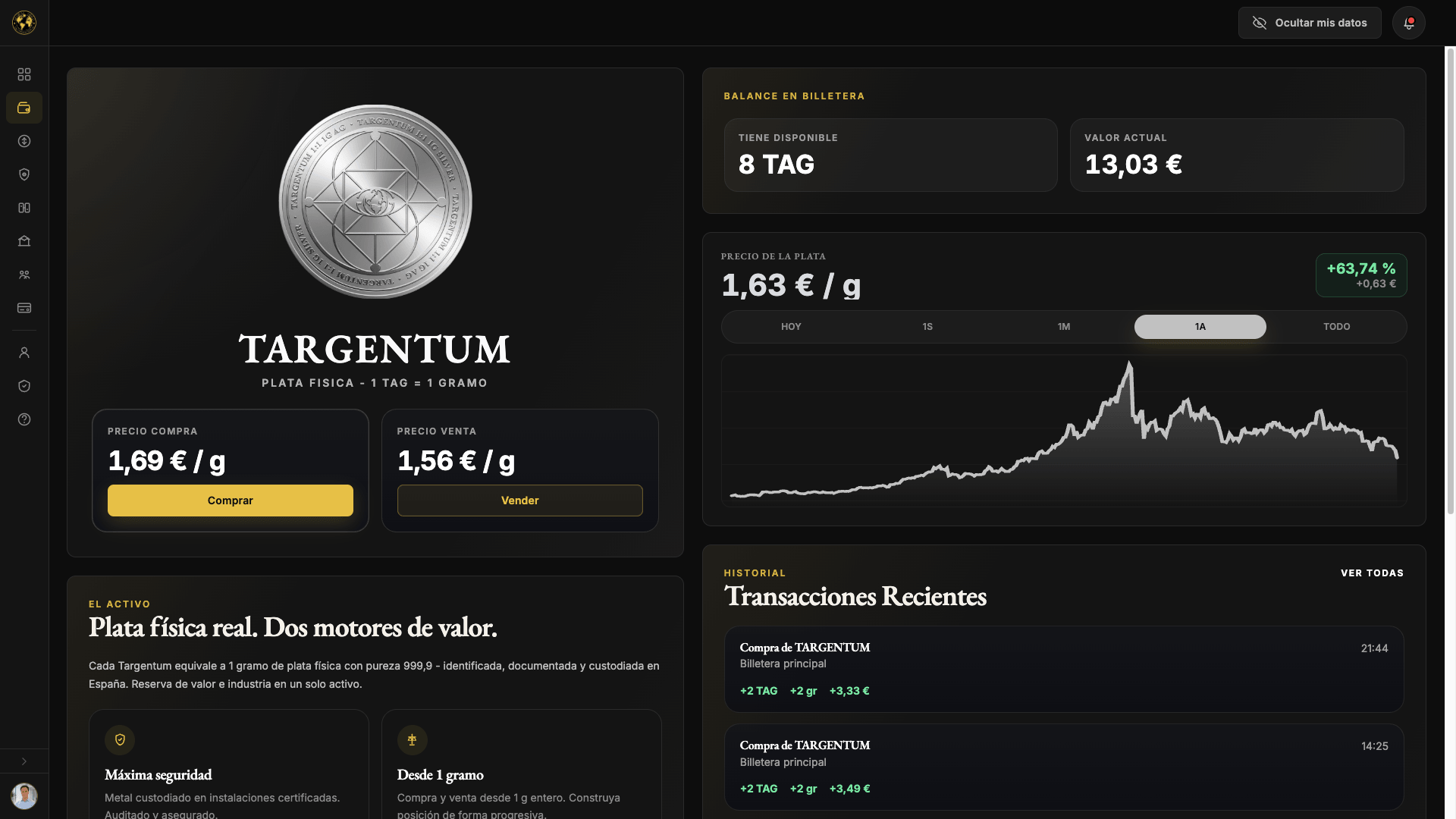 Vista de su plata (TARGENTUM) en la cuenta de Global Gold