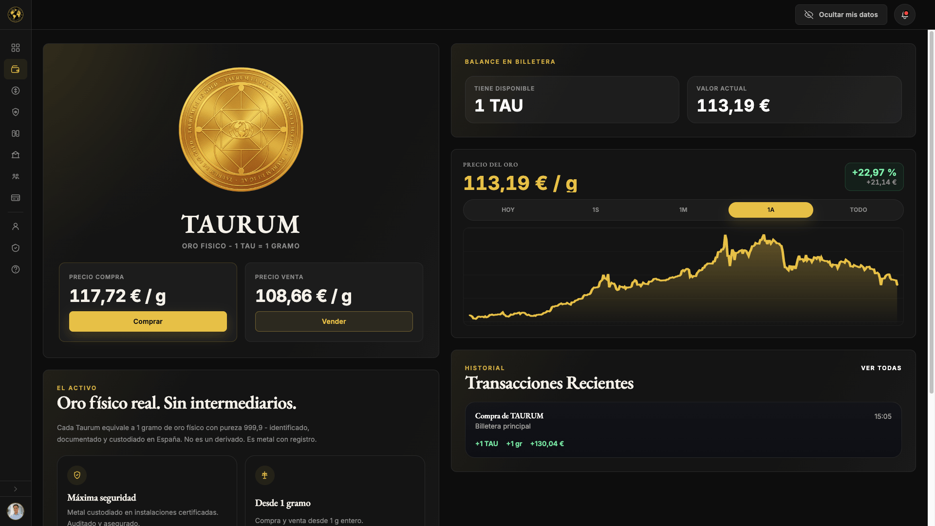 Vista de su oro (TAURUM) en la cuenta de Global Gold