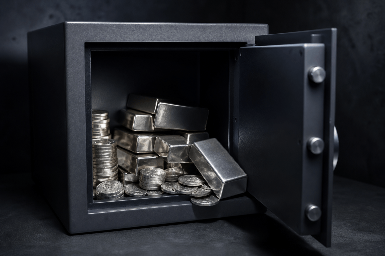 Plata física tradicional: lingotes y monedas en caja fuerte