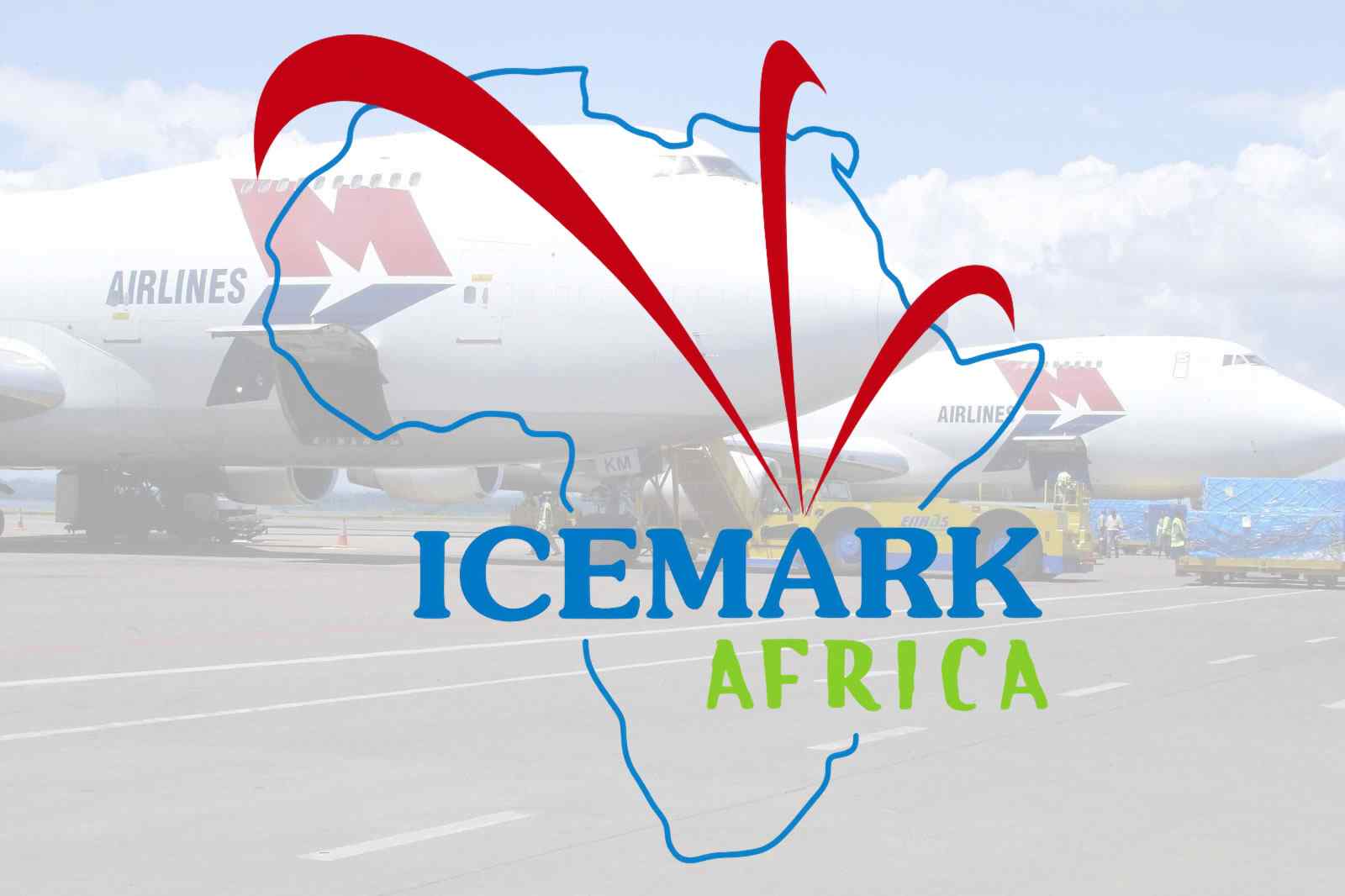 Icemark-Africa logo over Boeing 747 freighters loading perishable cargo at Entebbe International Airport