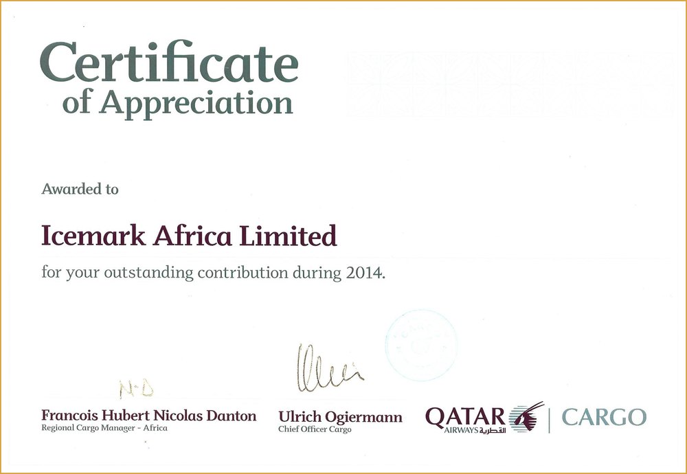 Qatar Airways Cargo Certificate of Appreciation 2014 to Icemark Africa Limited for outstanding contribution in Uganda