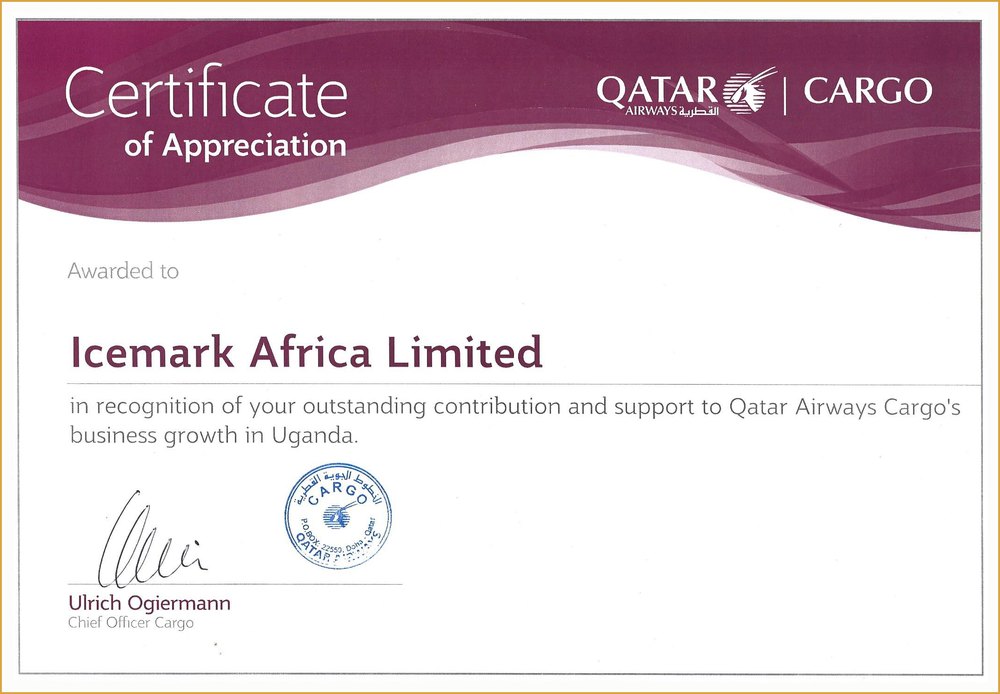 Qatar Airways Cargo Certificate of Appreciation 2016 to Icemark Africa Limited for supporting cargo business growth in Uganda