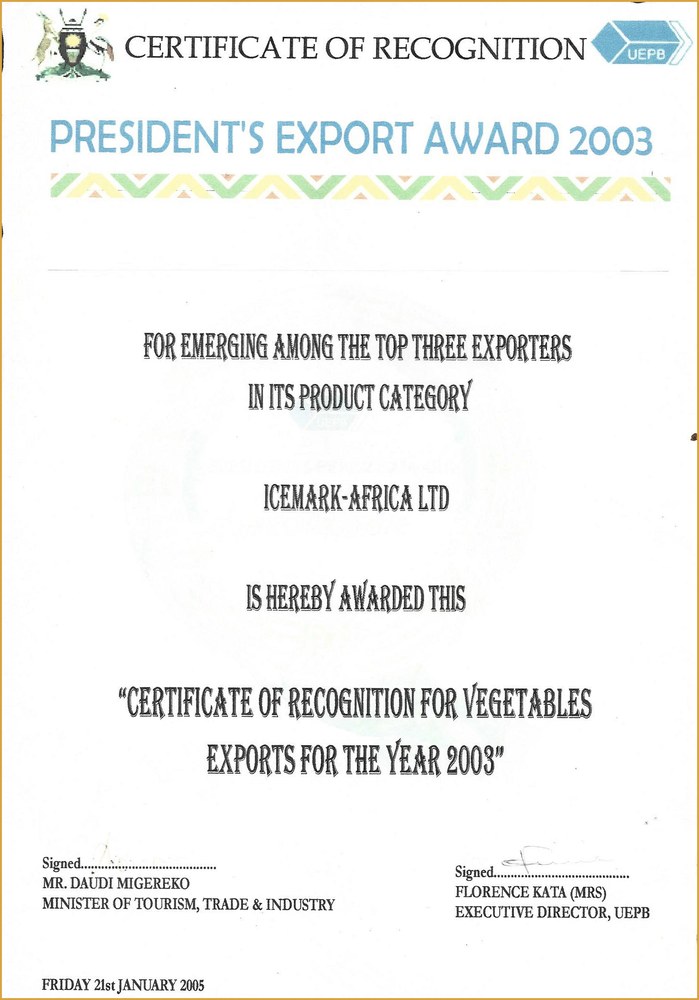 President's Export Award 2003 Certificate of Recognition to Icemark-Africa Ltd, Uganda Export Promotion Board