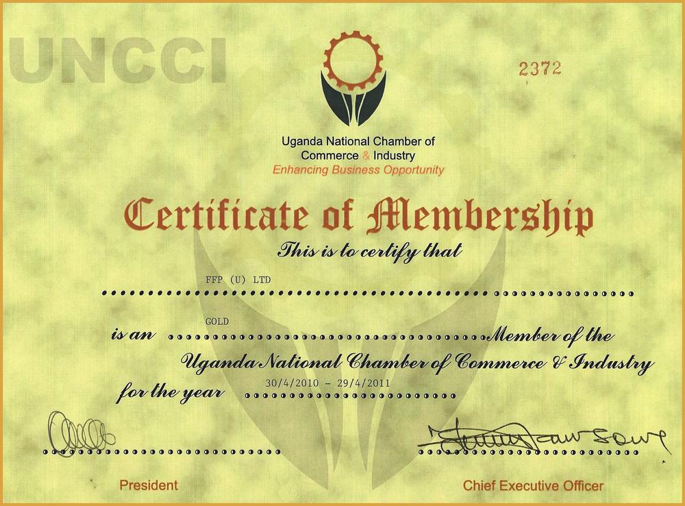 Uganda National Chamber of Commerce and Industry Certificate of Membership for FFP (U) Ltd, Gold member