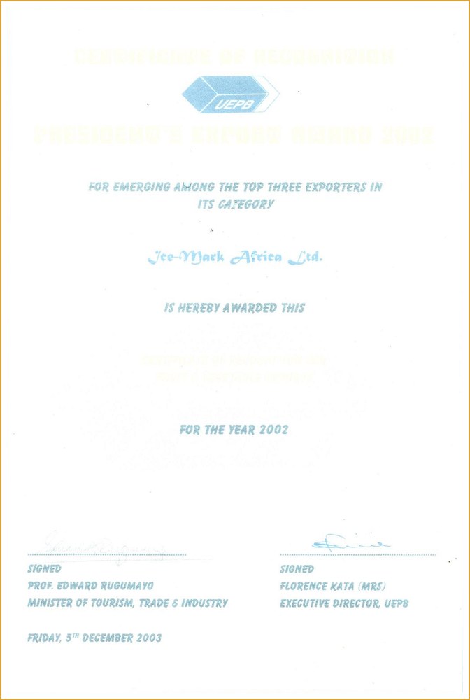 President's Export Award 2002 Certificate of Recognition to Ice-Mark Africa Ltd, Uganda Export Promotion Board