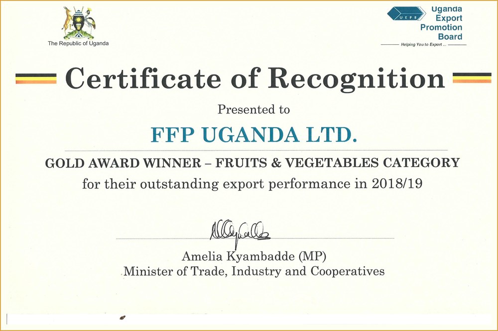 Uganda Export Promotion Board Gold Award certificate to FFP (Uganda) Ltd, Fruits and Vegetables Category, for outstanding export performance in 2018/19