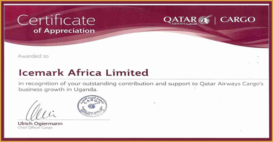 Qatar Airways Cargo Certificate of Appreciation 2015 to Icemark Africa Limited for outstanding contribution and support in Uganda
